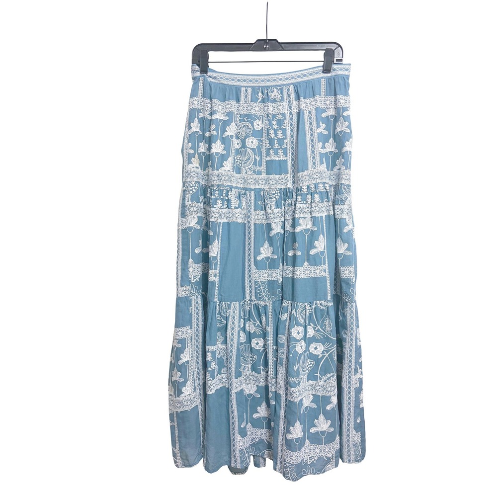 Maeve Anthropologie Ariadne Blue Embroidered Maxi Skirt  Chambray Tiered Medium - Picture 9 of 16